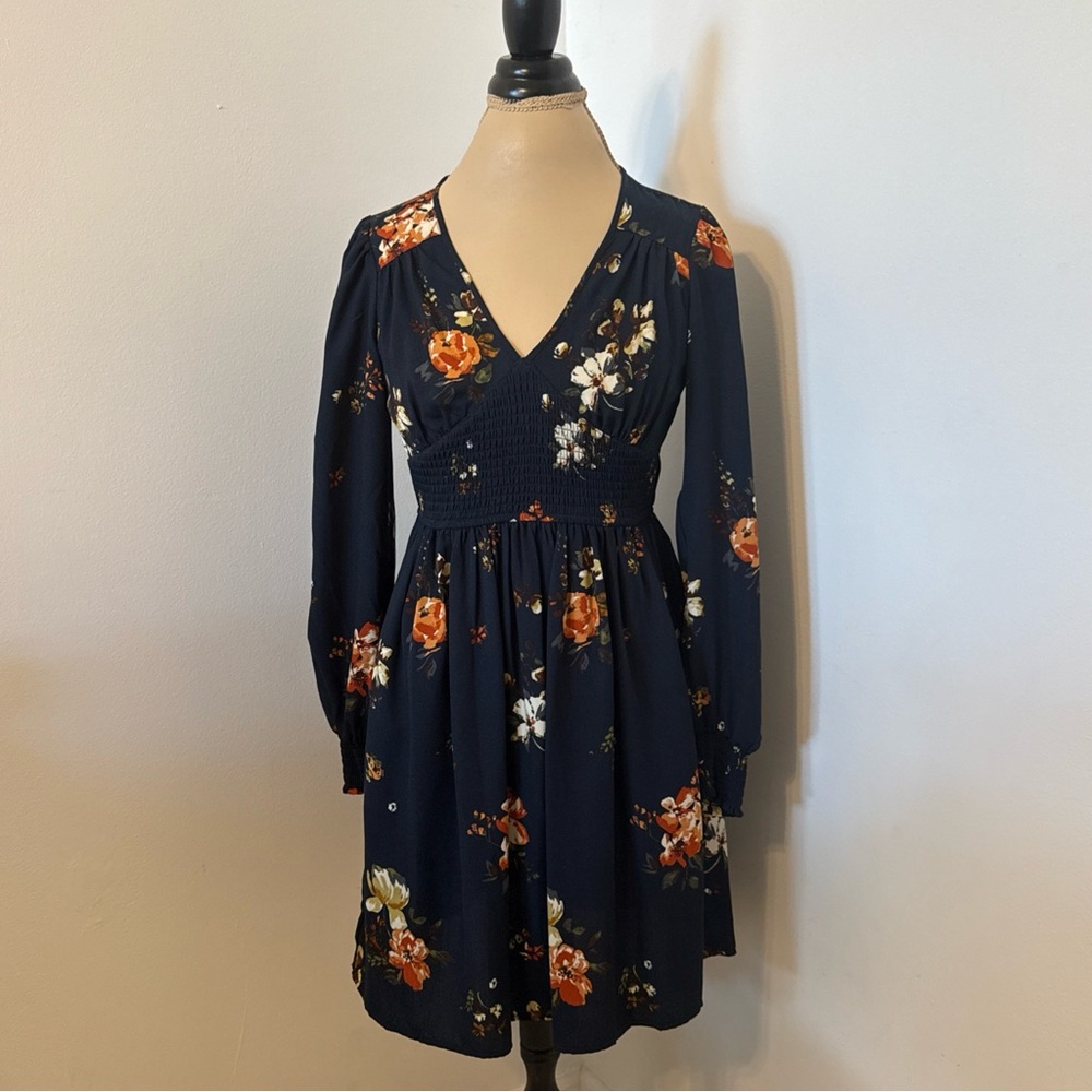 Xhilaration Dark Blue Dress with Orange and White Floral